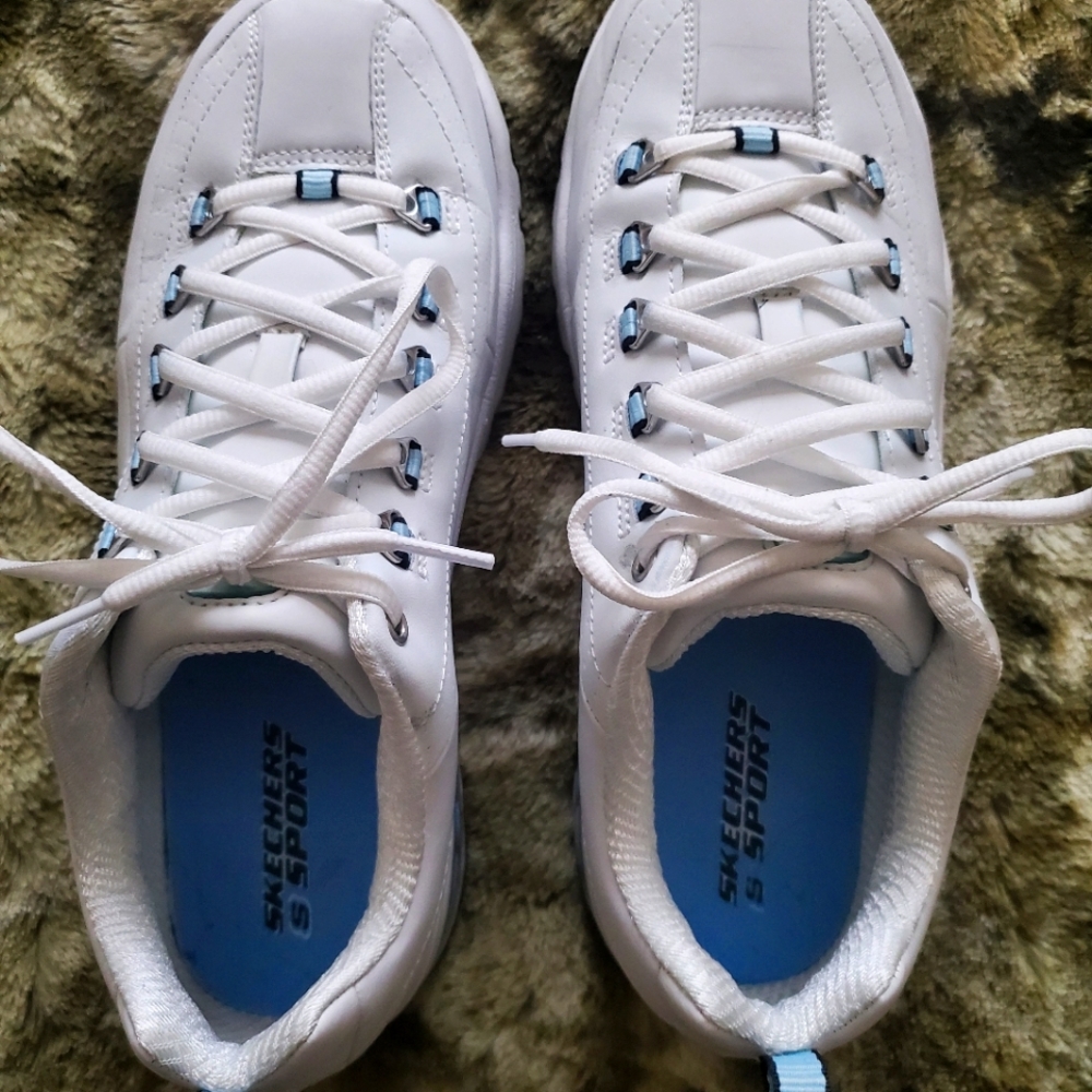 White Sketchers S Sport shoes. Light blue accents. Size 11.